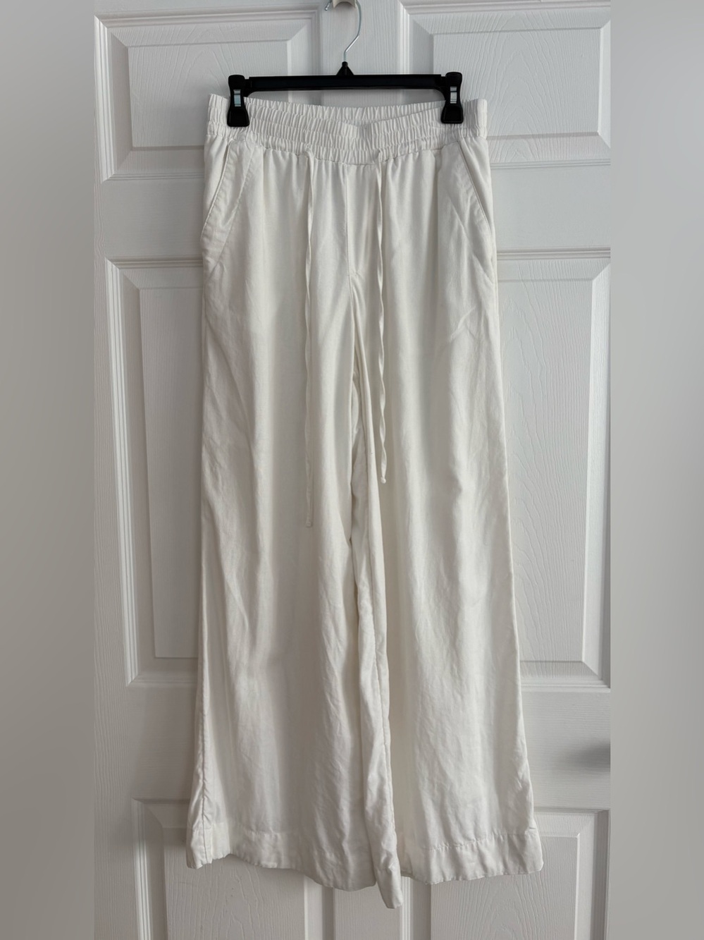Women's White Wide-Leg Drawstring Linen Pants